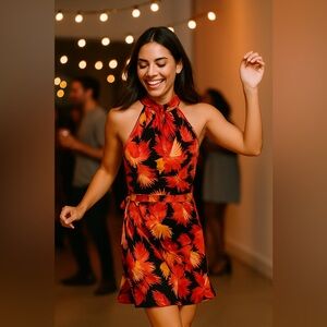 BCBGMaxAzria Vintage Y2K Silk Floral Halter Dress in Red Orange and Black Size 0